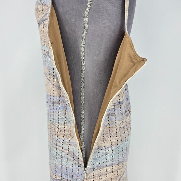 St John Evening Dress Womens 12 Beige Blue Sweater Stretch Knit Zipper Sequins - Picture 11 of 13